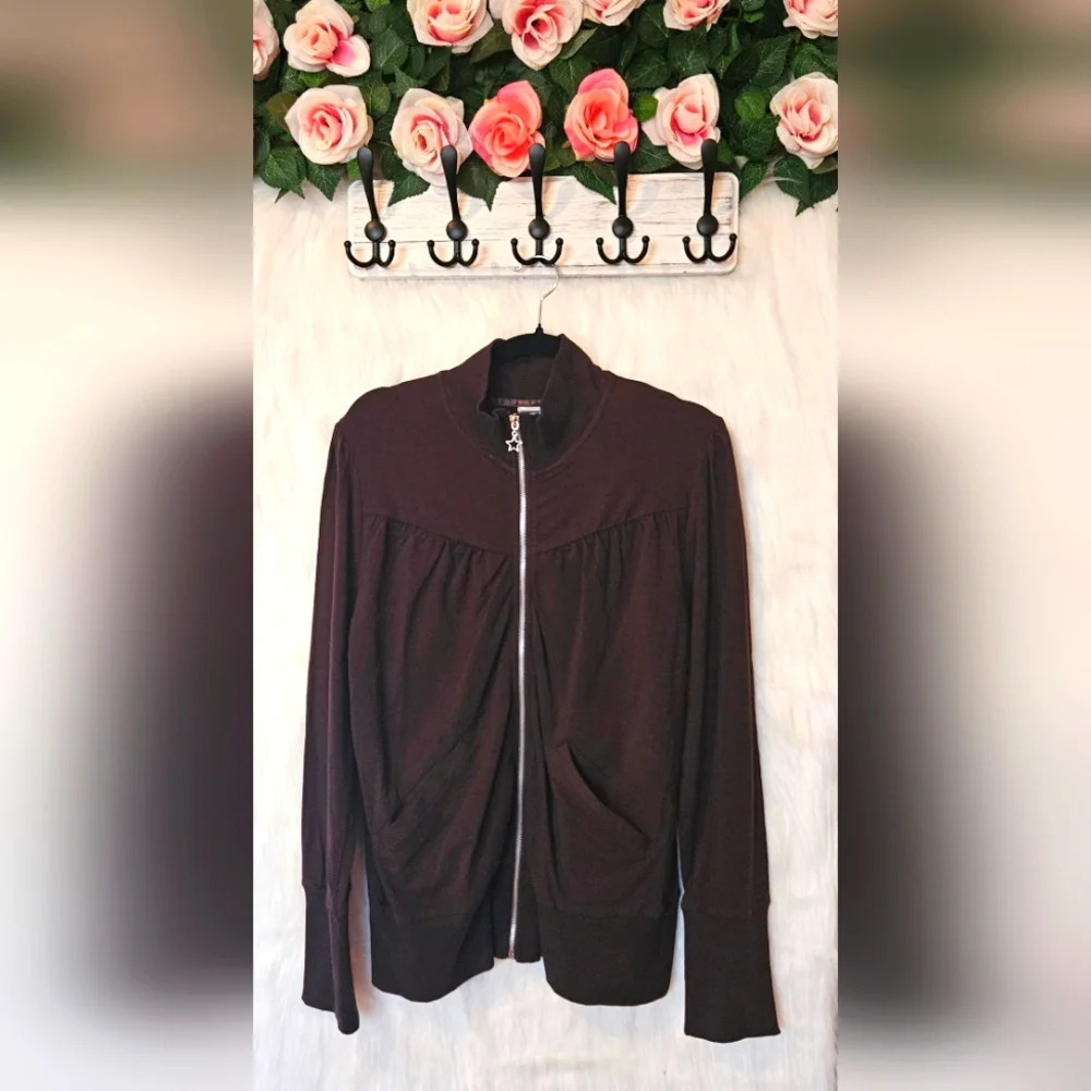 725 Originals Plus Ruched Chocolate Brown Zip-Up Sweater